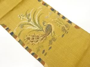 手織り紬孔雀に草花模様織出し名古屋帯